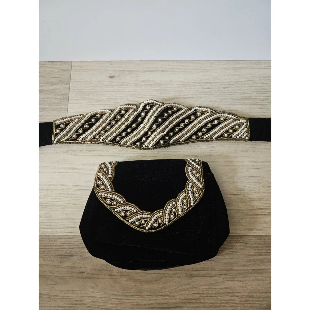 Vintage Handcrafted Zardozi‎ Black Velvet Clutch and Belt Set Gold Pearl India